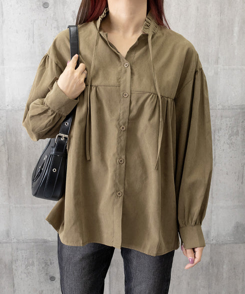 フリル衿ブラウス 長袖タックシャツ韓国風 大人可愛い ボリューム袖シャツ レディースおしゃれ キレイめトップス リボンブラウス ゆったり 体型カバー春秋服 着やせ 1SUYUZI-007